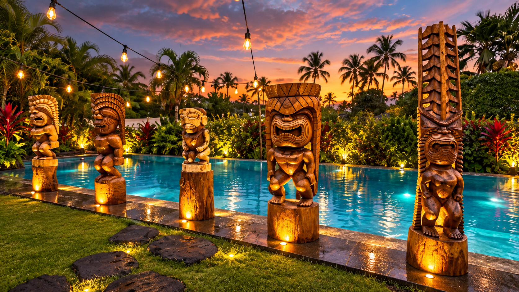 Tiki Polynesian decor rental Carved tiki rental
